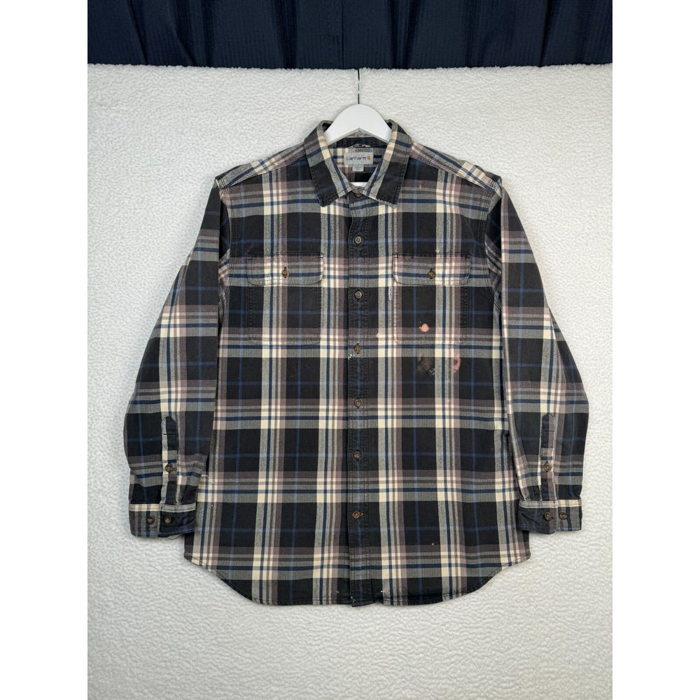 Carhartt Flannel Button Up Plaid Shirt - Men's L - Faded Distressed- Black Brown
